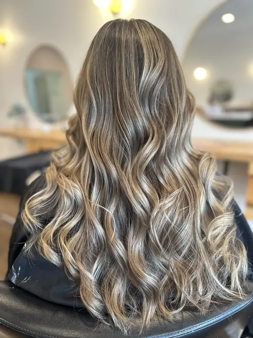 Bronde balayage melting dark roots into blonde ends on long voluminous curls at Ash and Ivy Salon